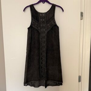 Altar’d State Gray Sleeveless Dress with Crochet Detail and Sheer Overlay